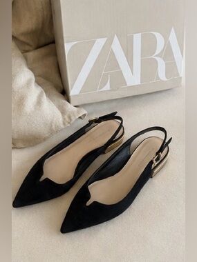 Zara Woman Black Pointed Toe Slingback Flats Gold Heel Quiet Luxury